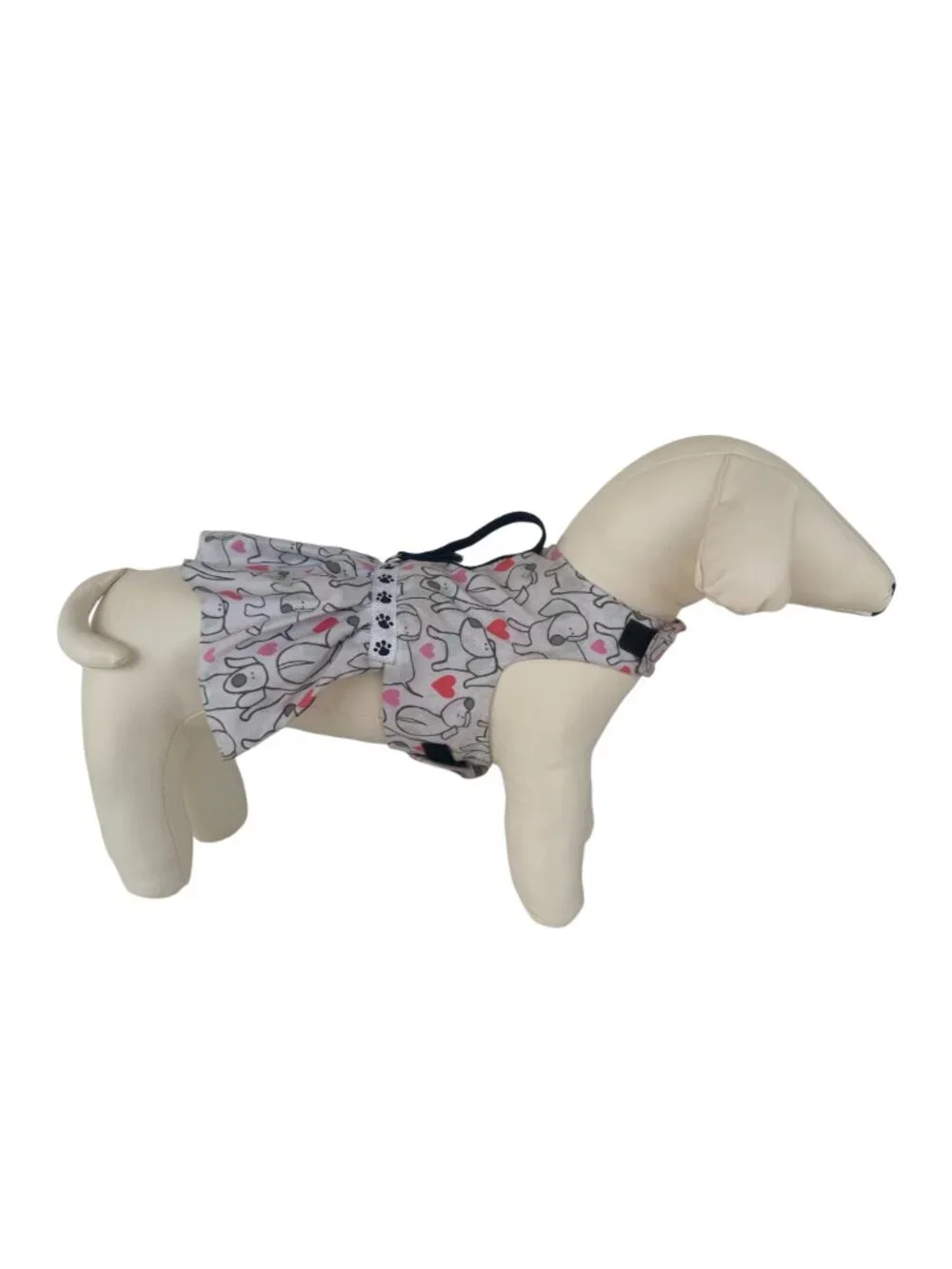Handmade Small Dog Adjustable Dress Outfit w Harness Cartoon Dog & Heart Print